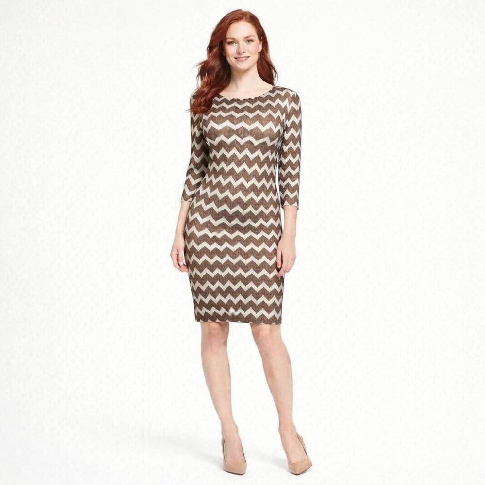 New Ronni Nicole Sheath Dress Womens L Chevron Gold White Shimmer 3/4 Sleeves Fi